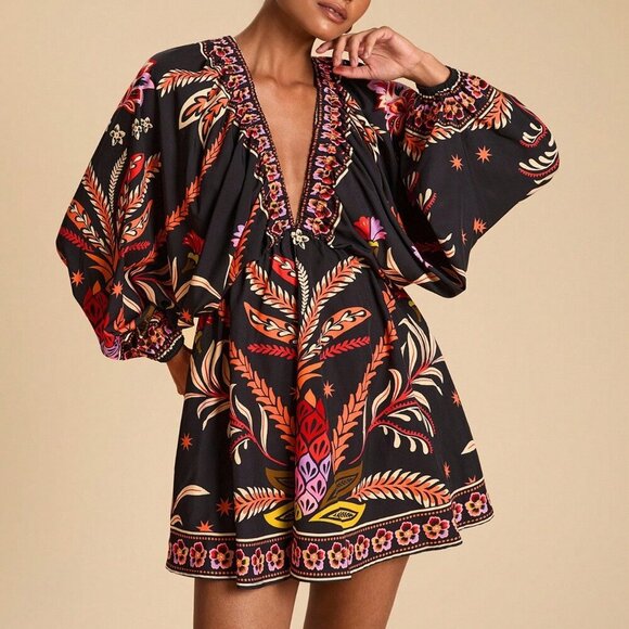 Dresses & Skirts - Multicolor Boho Women's Casual Plant Print Batwing Sleeves Mini Dress
